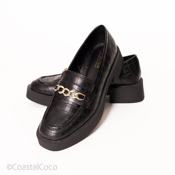 Kenneth Cole Platform Loafers 7.5 Black Sienna Lug Shoes Grad Mod Preppy Office - Picture 1 of 12